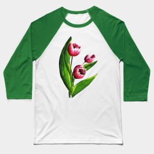 Pink Tulip Flowers Watercolor Painting Baseball T-Shirt